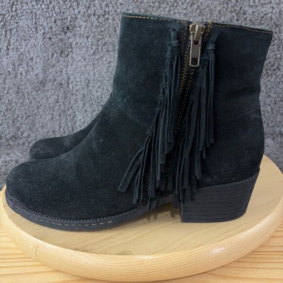 BOC Born Elise Boots Womens 9 Black Distressed Suede Fringe Boho Ankle Booties - Picture 1 of 10